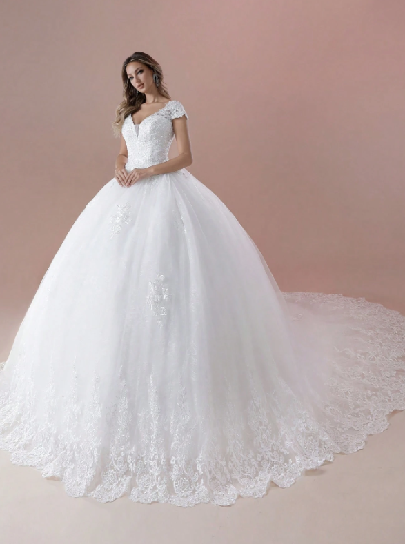 Cap Sleeves V-Neck Hand-Beaded Applique Ball Gown Wedding Dress