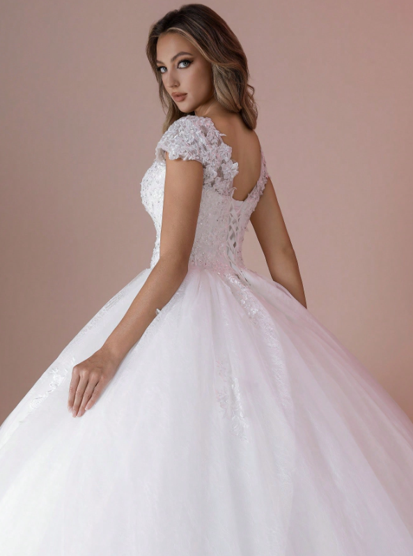 Cap Sleeves V-Neck Hand-Beaded Applique Ball Gown Wedding Dress