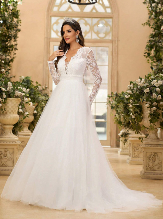 French Lace & Tulle Dress With Pleats