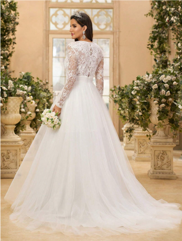 French Lace & Tulle Dress With Pleats
