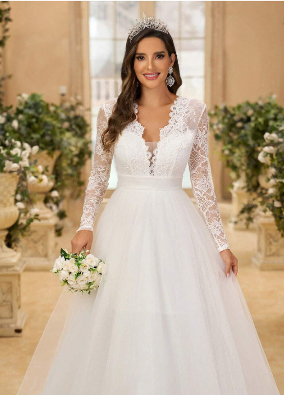 French Lace & Tulle Dress With Pleats