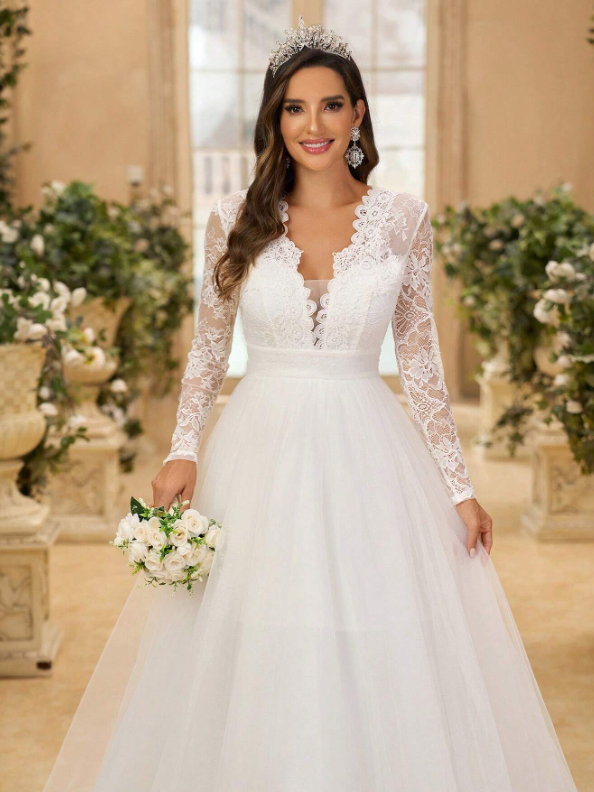 French Lace & Tulle Dress With Pleats