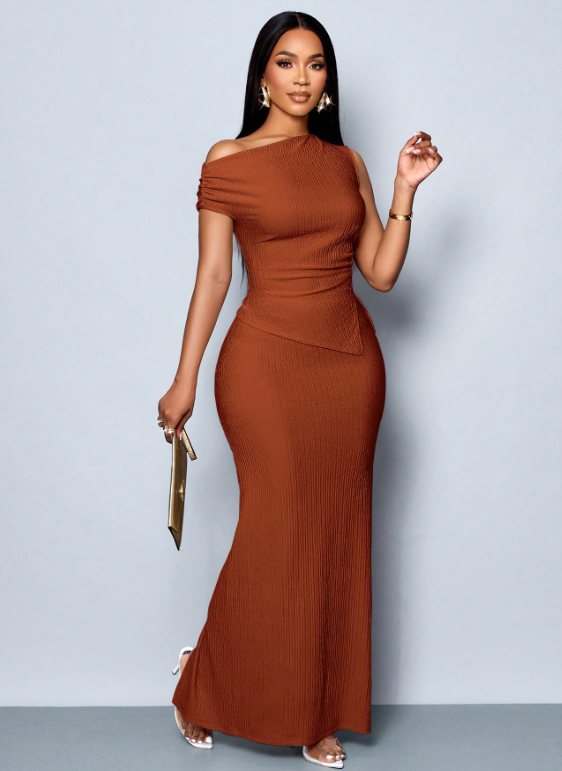 Asymmetric Shoulder Short Top And Mermaid Skirt Set