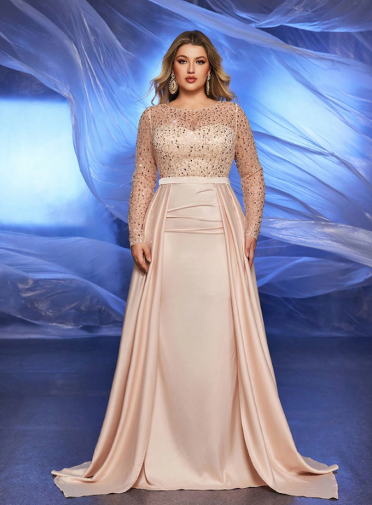 Belle Sequin Contrast Satin Evening Sleeve Dress