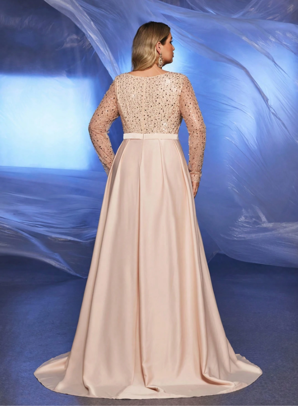 Belle Sequin Contrast Satin Evening Sleeve Dress