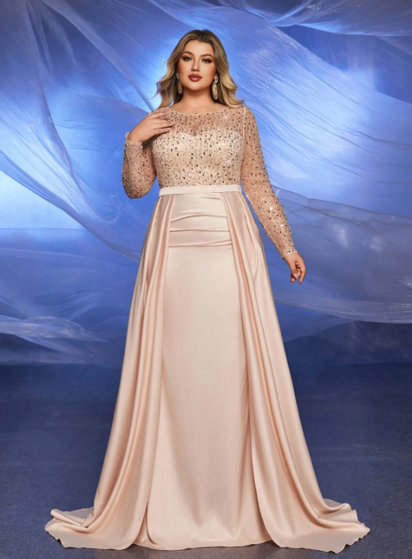Belle Sequin Contrast Satin Evening Sleeve Dress