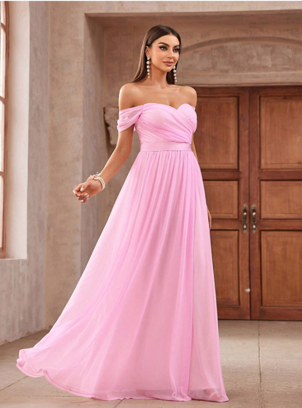 Tulle Off-Shoulder Ruched Ribbon Waistband Evening Dress