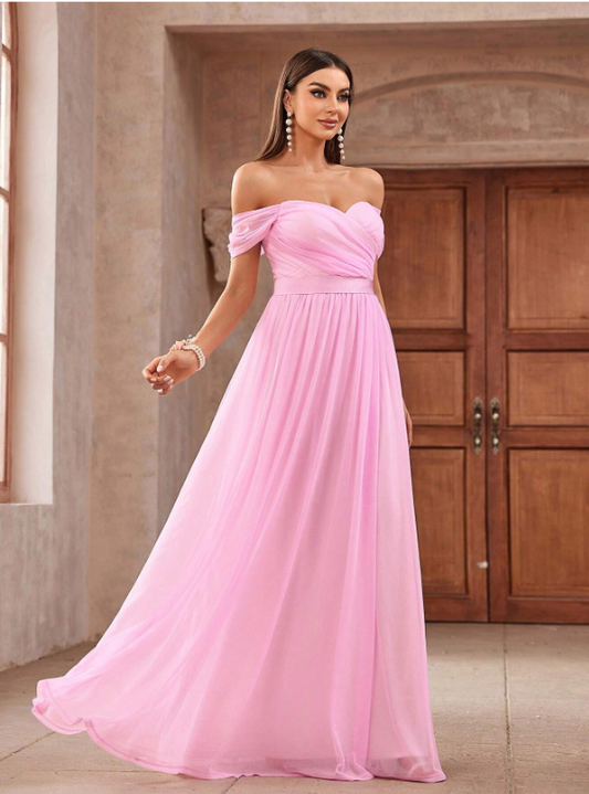 Tulle Off-Shoulder Ruched Ribbon Waistband Evening Dress
