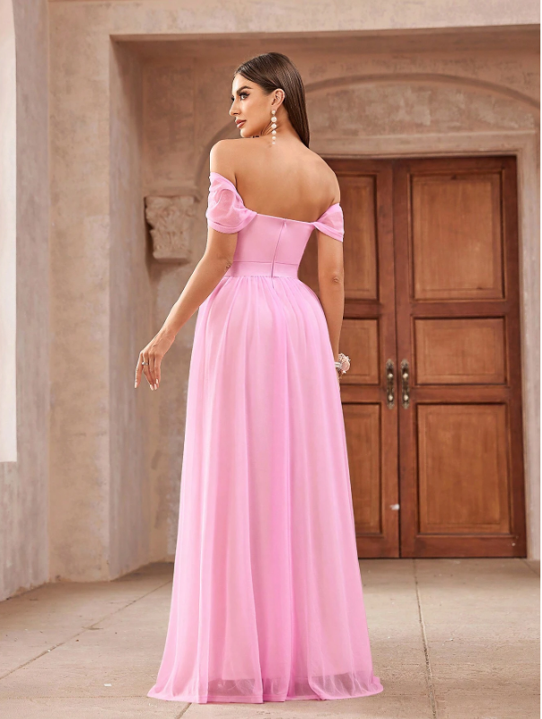 Tulle Off-Shoulder Ruched Ribbon Waistband Evening Dress