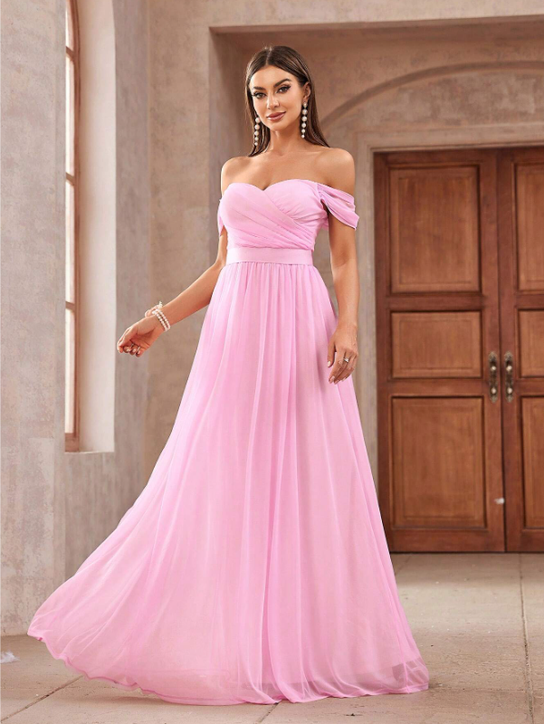 Tulle Off-Shoulder Ruched Ribbon Waistband Evening Dress
