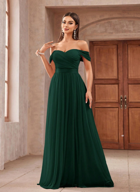 Tulle Off-Shoulder Ruched Ribbon Waistband Evening Dress