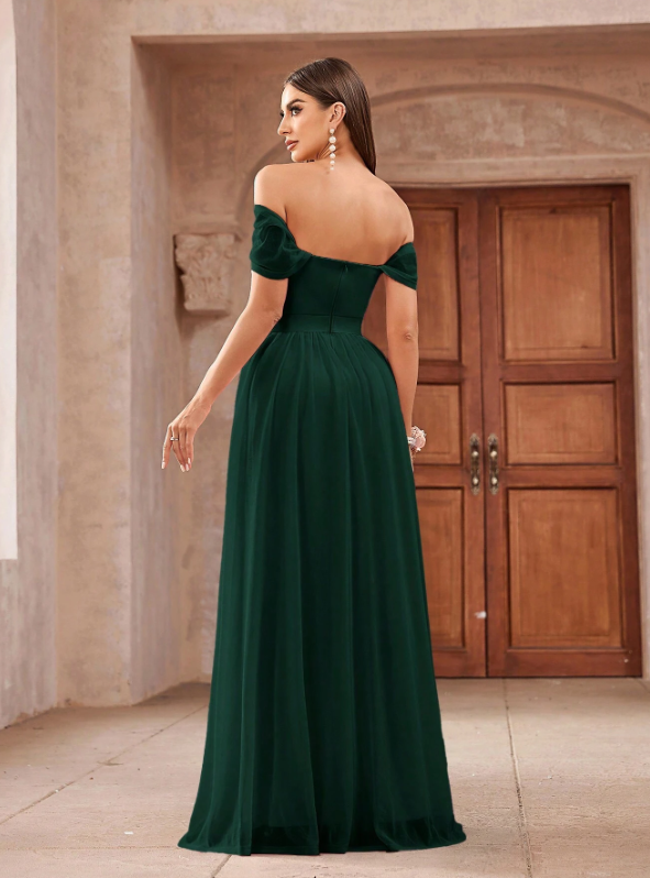 Tulle Off-Shoulder Ruched Ribbon Waistband Evening Dress