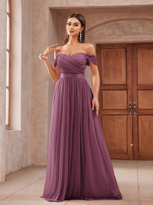 Tulle Off-Shoulder Ruched Ribbon Waistband Evening Dress