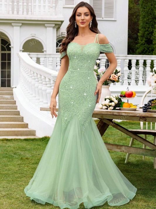 Sequin Floral Lace Deep V-Neck Off Shoulder Dress