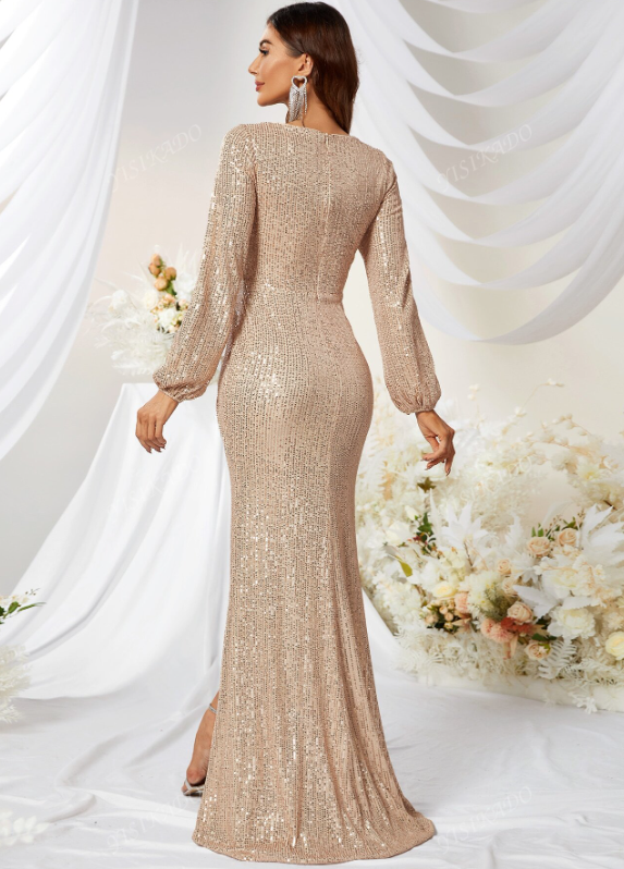 Surplice Neck Wrap Hem Sequin Prom Dress