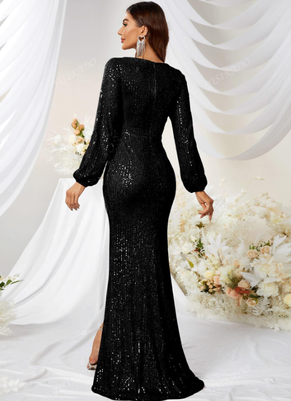 Surplice Neck Wrap Hem Sequin Prom Dress