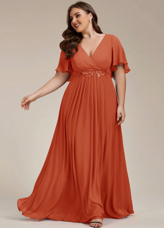 V-Neck Applique & Ruffle Sleeve Chiffon Dress