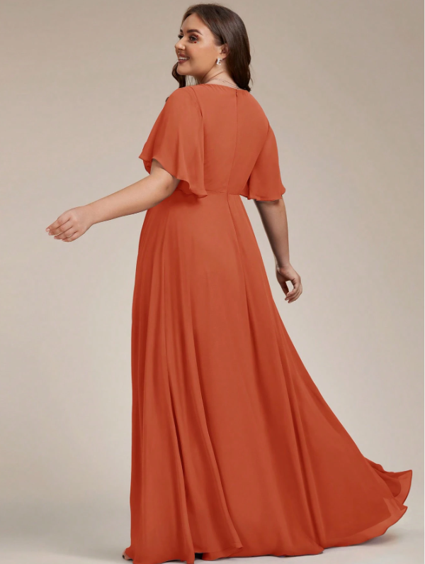 V-Neck Applique & Ruffle Sleeve Chiffon Dress