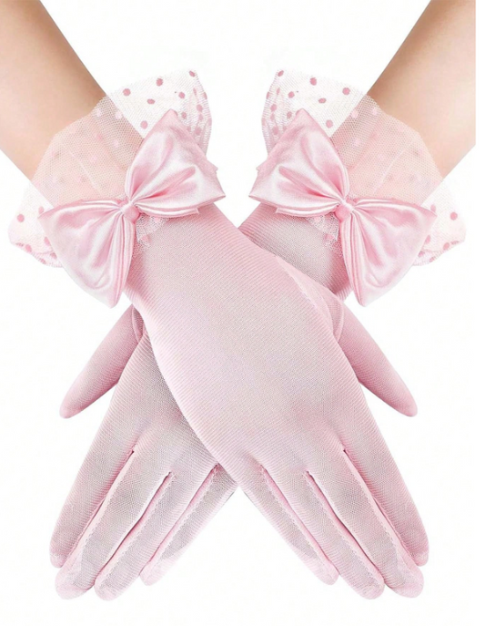 Mesh Bow Decor Lace Gloves Pink