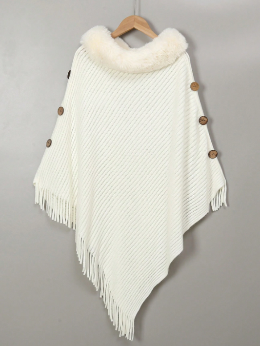 Tassels Knit Poncho With Fur Collar