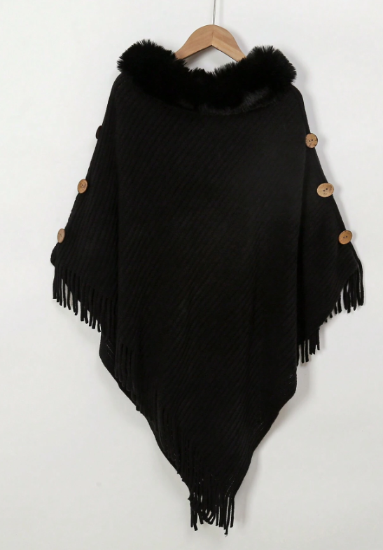 Tassels Knit Poncho With Fur Collar