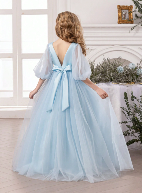 Tween Girl Bow Mesh Princess Dress