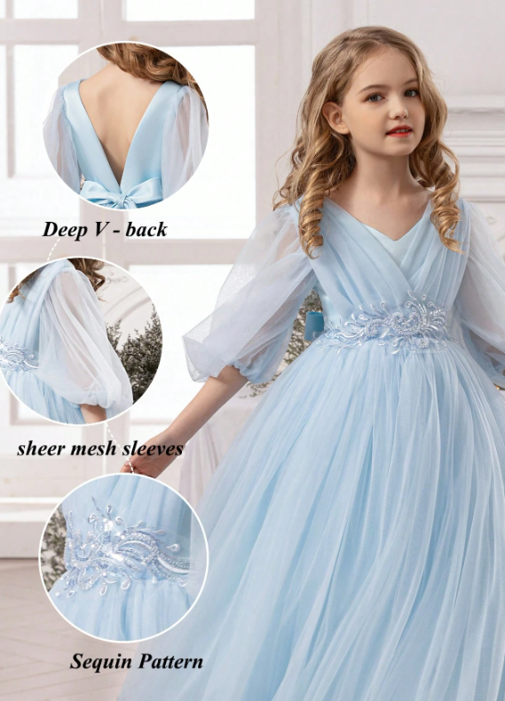 Tween Girl Bow Mesh Princess Dress