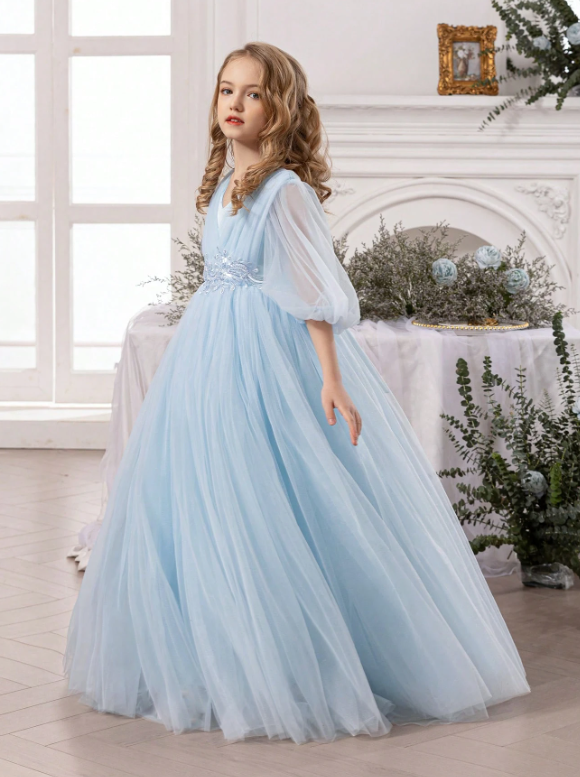 Tween Girl Bow Mesh Princess Dress