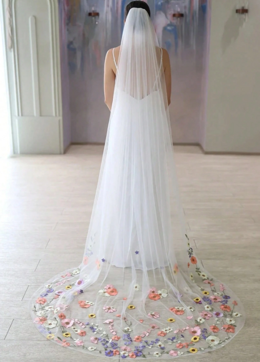 230CM Floral Lace Applique Bridal Veil With Comb