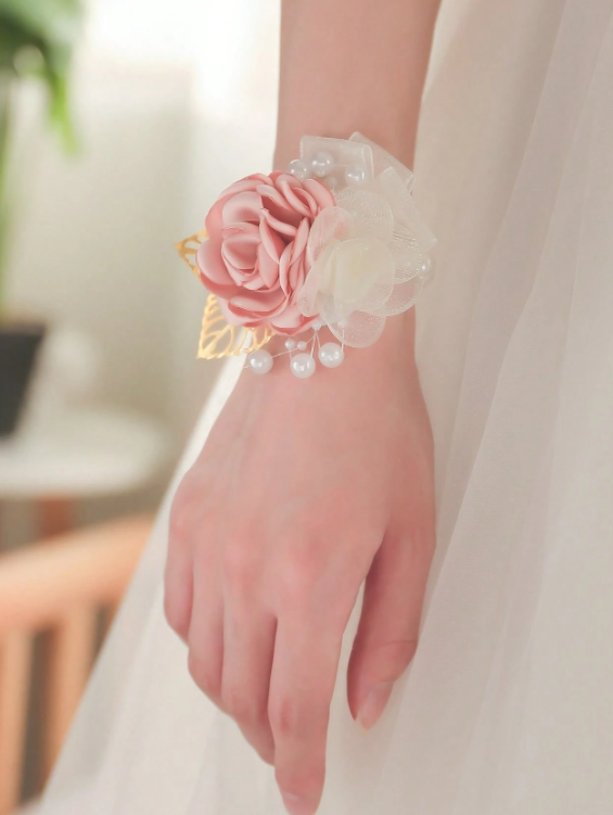 Pink Rose Flower With Lace Trim & Pearl Detail Wrist Corsage