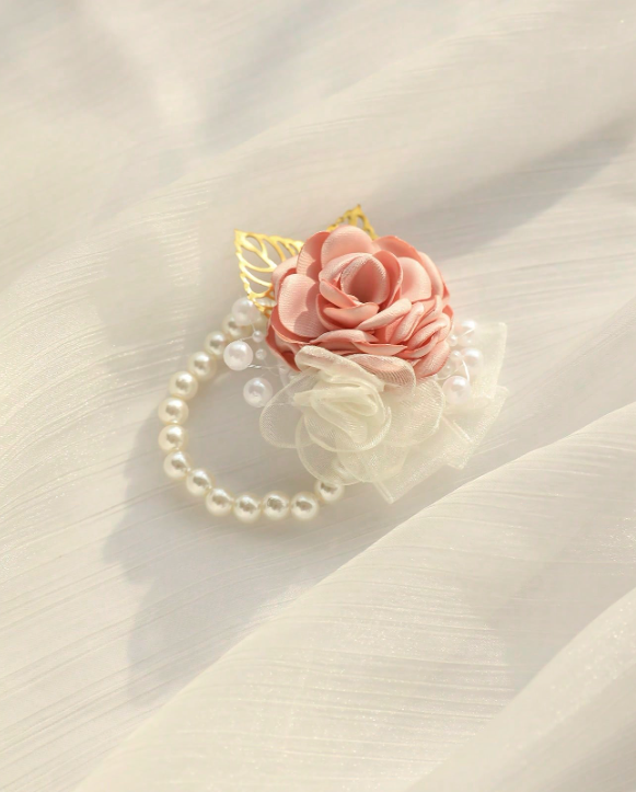 Pink Rose Flower With Lace Trim & Pearl Detail Wrist Corsage