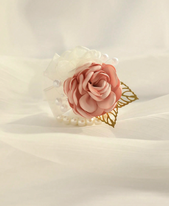 Pink Rose Flower With Lace Trim & Pearl Detail Wrist Corsage