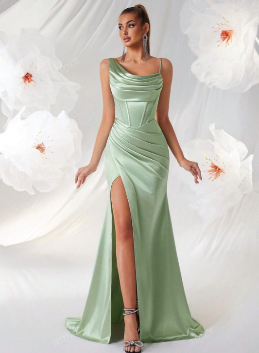 Asymmetrical Draped Neckline Party Dress Satin