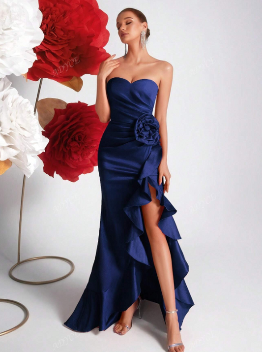 Tube Top Floral 3D Decor Asymmetric Ruffle Hem Party Dress
