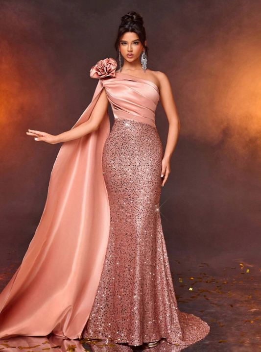 Shoulder Strap Long Sleeve Draped Sequin Patchwork Satin Prom Dress