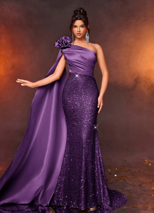 Shoulder Strap Long Sleeve Draped Sequin Patchwork Satin Prom Dress