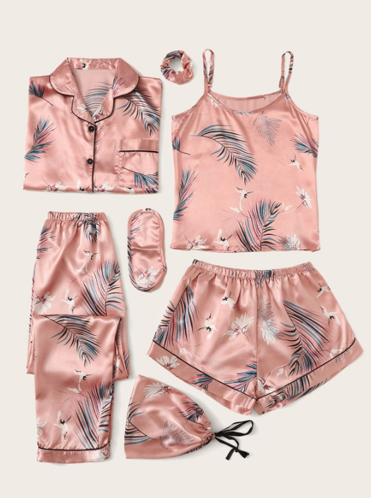 7pcs Crane & Tropical Print Satin Pajama Set