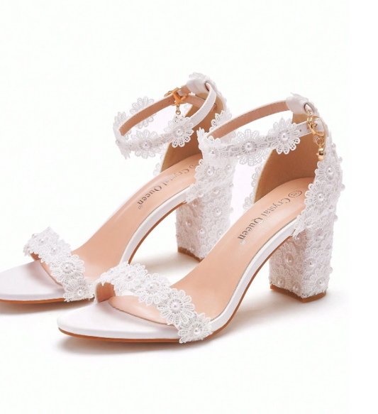 7cm White Lace Flower Block Heel Sandals