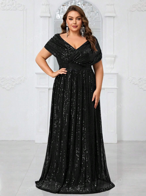 Sequin V-Neck Cape Batwing Sleeve Party Evening Dress