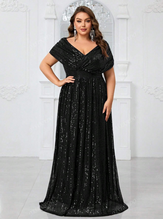 Sequin V-Neck Cape Batwing Sleeve Party Evening Dress