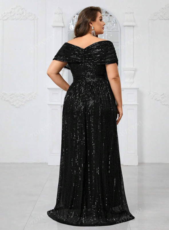 Sequin V-Neck Cape Batwing Sleeve Party Evening Dress
