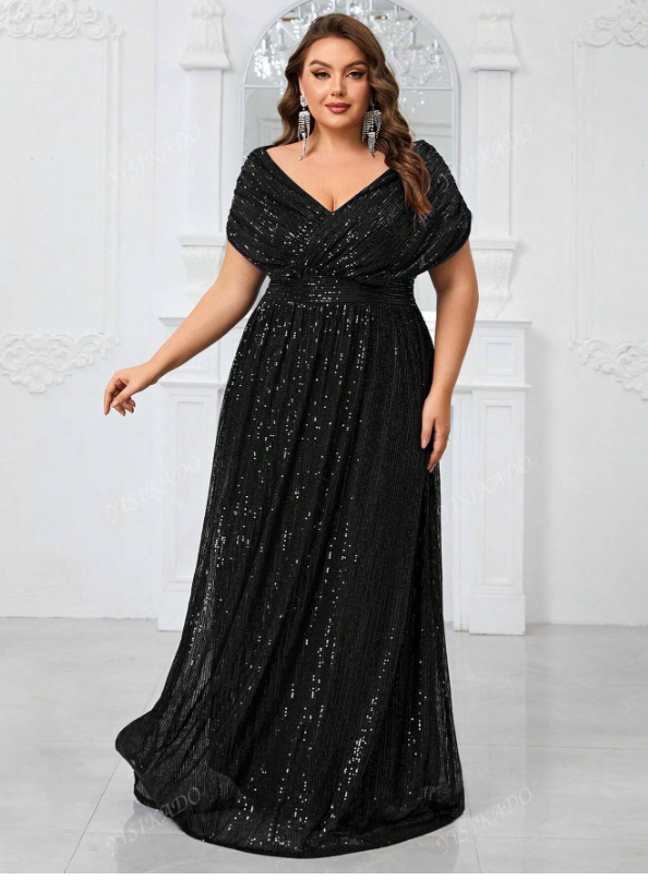 Sequin V-Neck Cape Batwing Sleeve Party Evening Dress