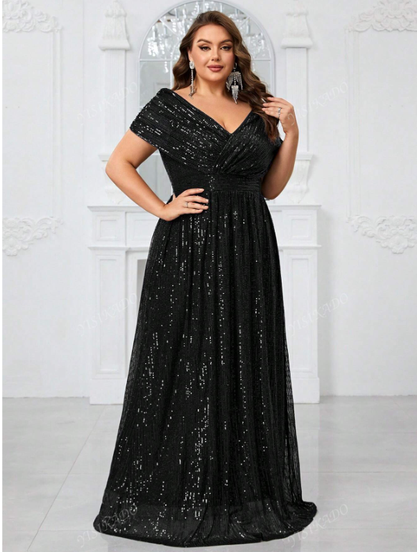Sequin V-Neck Cape Batwing Sleeve Party Evening Dress