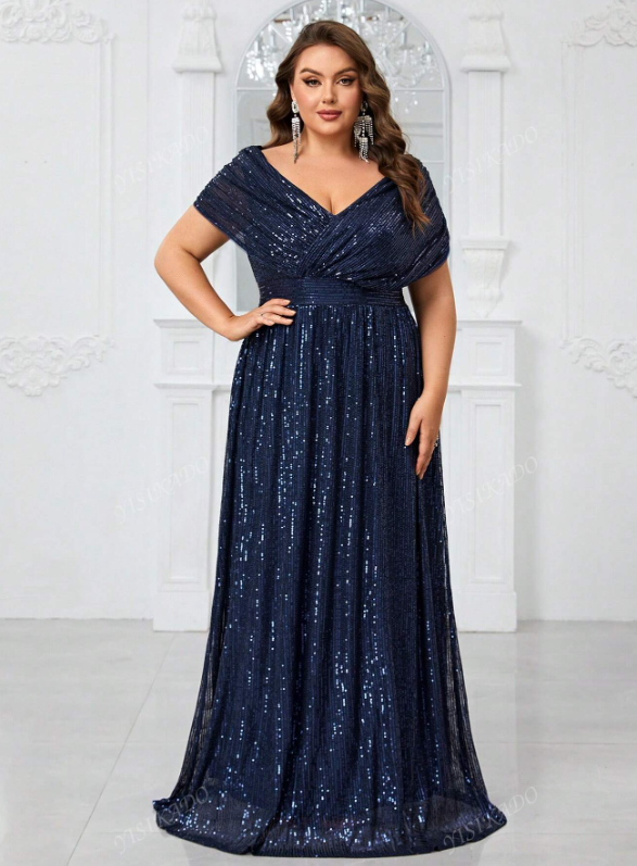 Sequin V-Neck Cape Batwing Sleeve Party Evening Dress