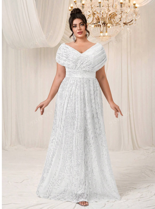 Sequin V-Neck Cape Batwing Sleeve Party Evening Dress