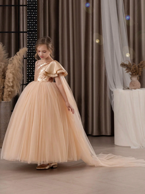 Tween Girl One Shoulder Mesh Sequin Party Dress