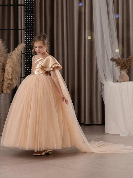 Tween Girl One Shoulder Mesh Sequin Party Dress