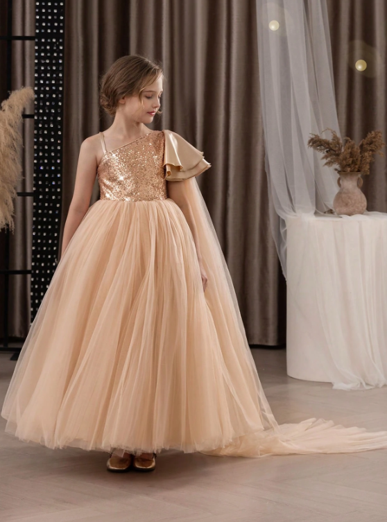 Tween Girl One Shoulder Mesh Sequin Party Dress