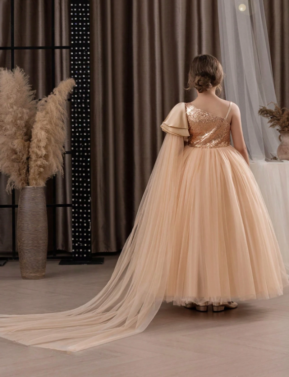 Tween Girl One Shoulder Mesh Sequin Party Dress