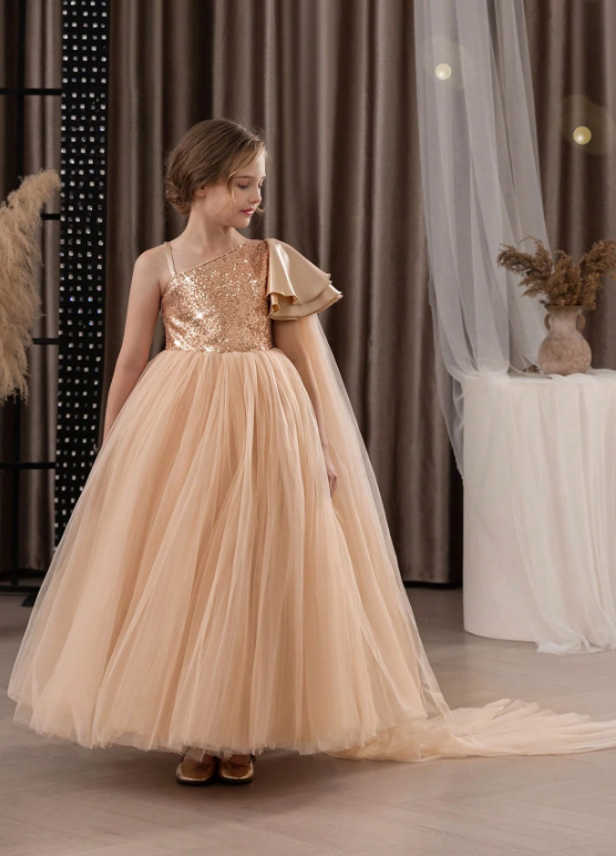 Tween Girl One Shoulder Mesh Sequin Party Dress